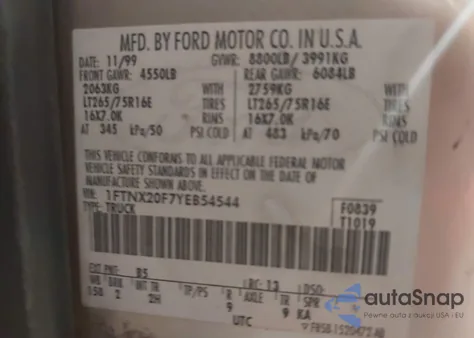 2000 Ford F-250 Lariat/Xl/Xlt из США, поврежденный, VIN 1FTNX20F7YEB54544